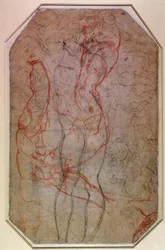 Studio di figure e la creazione di Adamo (matita e gesso rosso su carta) (verso)